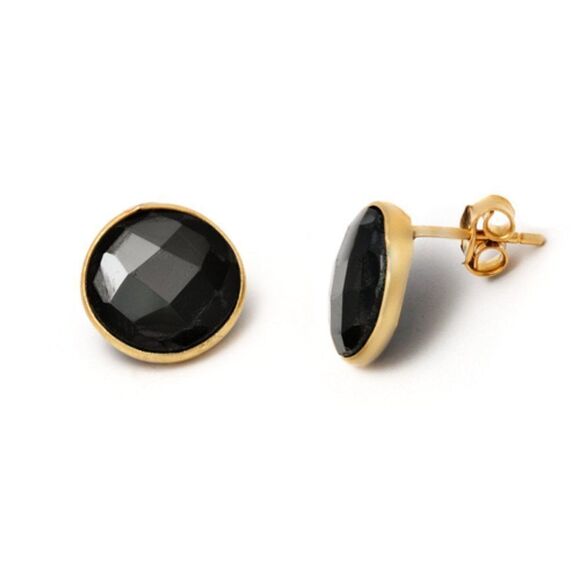 Best Silver New 18K Gold-Plated Sterling Silver Round Bezel Black Onyx Earrings - Picture 2 of 6